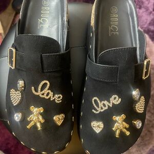 Rouge! Black Mules with Gold Accents